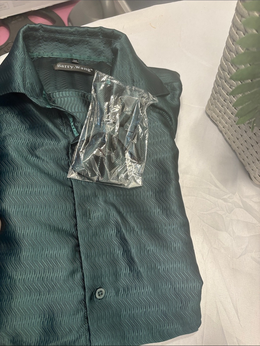 Barry Wang Men’s Medium Teal Green Silk Blend Long Sleeve Dress Shirt. - Picture 8 of 12